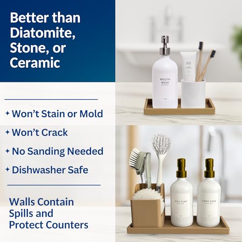 Spacewiser Countertop and Vanity Tray - 2 PC (11” and 7”) Shatterproof Silicone Kitchen and Bathroom Trays for Counter, Kitchen Soap Dispenser Tray, Vanity Trays for Bathroom, Perfume Key Tray - color: Latte Tan, size: Set‐ 1 Small + 1 Large