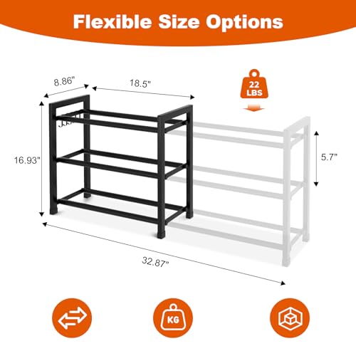 Expandable Shoe Rack for Small Spaces, Adjustable Width 18.5"–33", 3-Tier Sturdy Metal Shoe Organizer for Entryway, Closet, Bedroom Garage Dorm, Free Standing Shoe Organizer 12 Pairs with Hooks, Black - color: Black