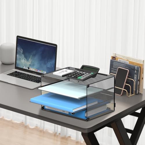 DALTACK 3 Tier Letter Tray Paper Organizer for Desk, Mesh Metal Desk File Organizer with Sliding Trays for Letter/A4 Paper, Mail, Bills & Folders, Black - color: Black