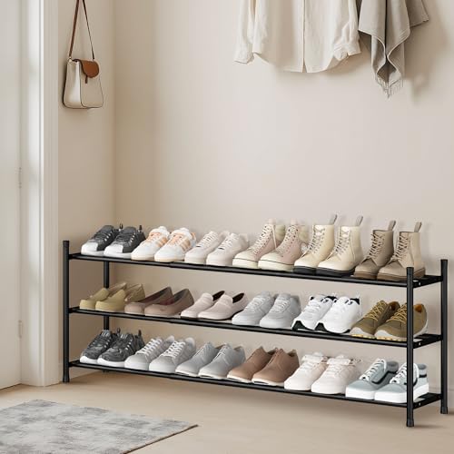 STORAGE MANIAC Long Expandable Shoe Rack, 18 Pairs Metal Wide Stackable Shoe Rack, Adjustable Shoes Shelf, Freestanding Shoes Organizer for Closet, Entryway, Hallway, Garage, Front Door, 3 Tiers - size: 3-tier