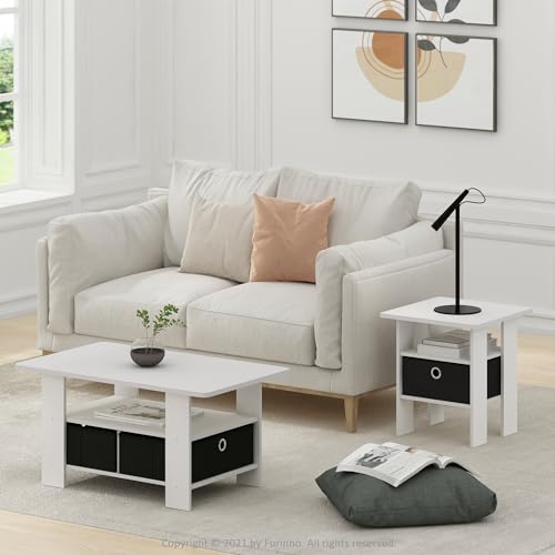Furinno Andrey Coffee Table, Small Modern Coffee Table with Storage and Bin Drawer, Side Table for Living Room, Bedroom, Home Office, White - color: White/Black, style: 2 Bin