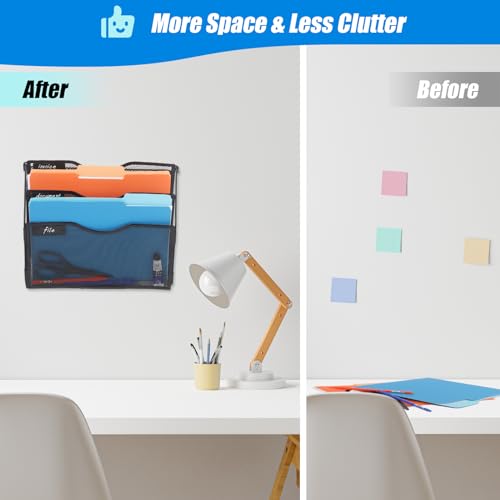 EASEPRES 3 Pocket Mesh Hanging Wall File Organizer with Hangers & Nametag Label, Wall Mounted Mail Paper Document Folder Holder, Clipboard Storage Organization Magazine Rack for Office Cubicle, Black - color: Black, size: 3 Tier & Hangers