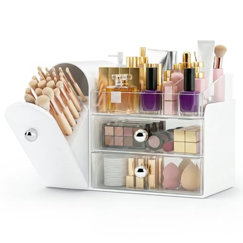 Makeup Organizer,Vanity Organizer with Makeup Brush Holder,Large Skincare Organizers with Drawers,Bathroom Countertop Organizer,Storage Lipstick,Perfume,Nail Polish,Beauty,Mothers Day Gifts - color: White