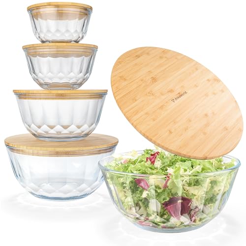 Large Stackable Set of 5 Nesting Glass Bowls with Bamboo Lids for Foodprep, Storage, Baking, Sourdough Mixing & Cooking. Microwave & Oven Safe Heat Resistant Inert Borosilicate Glass - color: 5 Mixing Bowls with Bamboo Lids (Diamond)