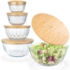 Large Stackable Set of 5 Nesting Glass Bowls with Bamboo Lids for Foodprep, Storage, Baking, Sourdough Mixing & Cooking. Microwave & Oven Safe Heat Resistant Inert Borosilicate Glass - color: 5 Mixing Bowls with Bamboo Lids (Diamond)