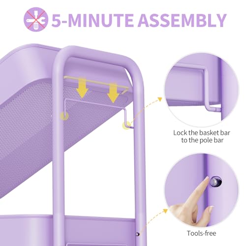 TOOLF 4-Tier Rolling Cart - Metal Storage Organizer with Lockable Wheels, 44 lbs Per Shelf Capacity, Tool-Free Assembly, for Kitchen Bathroom Office Laundry Room Nursery, Purple - color: Purple, size: 4-Tier