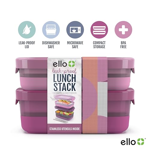 Ello 2-Pack Lunch Stack Plastic Food Storage Container Bento Box with Airtight, Leak-Proof Locking Plastic Lids and Silicone Base, BPA-Free, Freezer, Microwave, and Dishwasher Safe, Raspberry - color: Raspberry