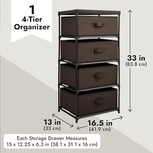 Juvale 4-Tier Closet Organizers & Storage Dresser - 16.5 in L x 13 in W x 33 in H, Dark Brown, Modern - Fabric Drawers for Bedroom Storage & Closet - Metal Frame Clothes Dresser for Narrow Spaces - color: Dark Brown