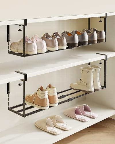 2 Pack Expandable Shoe Rack Organizer for Cabinet, Adjustable Hanging Under Shelf Storage, Sturdy Round Tube Design, Space Saving Shoe Shelf for Closet, Entryway, Laundry Room, Black - color: Black