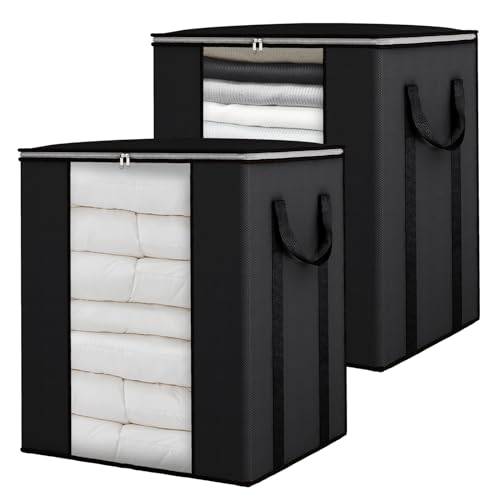Fixwal Blanket Storage Bags with Zipper Large Storage Bins with Lids 120L 2 Pack Comforter Storage Bags with Reinforced Handles Clothes Storage Containers for King Comforter Bedding Pillow Sheet Black - color: Black, style: 2pcs