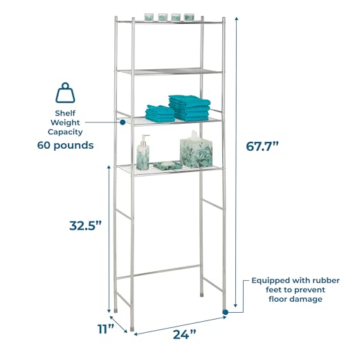 Honey-Can-Do 4-Tier Over-The-Toilet Storage Shelf - Space-Saving Steel Bathroom Restroom Organizer with Neutral Chrome Finish, Ideal for Towels, Toiletries, & Essentials - 24"W x 68"H x 11"D