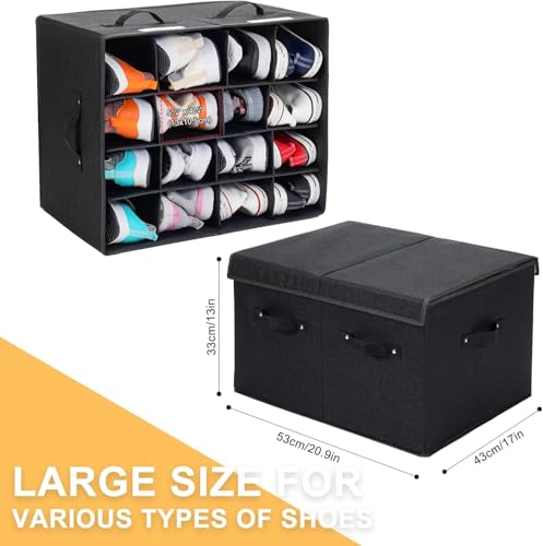 2 Pack Shoe Organizer for Closet, Foldable Shoe Storage Box with Adjustable Dividers, Large Space Saving Shoe Storage Container Fits up to 16 Pairs with Reinforced Handles (Black) - color: Black