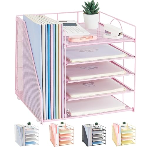 LEKETREE Desk Organizers and Accessories, 5-Tier Paper Letter Tray Organizer with File Holder, Desktop Organizer for Office Supplies (Pink) - color: Pink, size: 12" x 12" x 12"