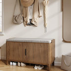 39.4" Fluted Shoe Cabinet Storage with Bench, 2-Tier Entryway Bench with Adjustable Shelves and Detachable Cushioned Seat, Shoe Organizer Bench Cabinet for Entryway, Living Room, Hallway Walnut - color: Walnut