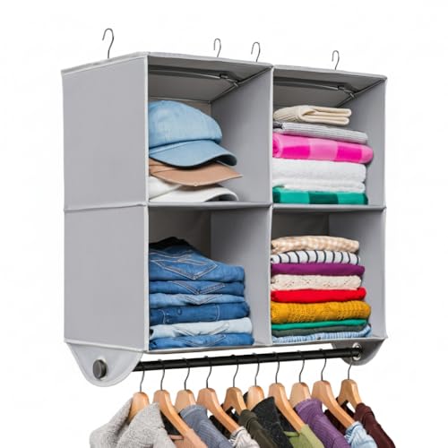 HOLDN’ STORAGE Hanging Closet Organizer with Garment Rod – Heavy Duty 4-Shelf Hanging Shelves for Clothes, Sweaters & Shoes, Reinforced 600D Fabric Storage Unit with Built-in Clothing Rod, Grey - size: 4 Shelves