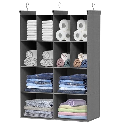 Ofiray-home 4 Tier Hanging Closet Organizer, 12 Compartments Sweater Organizer for Closet with 3 Sturdy Hooks, Closet Organizers and Storage, Wardrobe, Rv, Garment Rack, Grey - color: Grey, size: 4-Tier