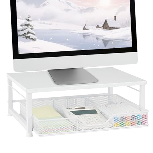 Small Laptop Stand for Desk, Monitor Stand Riser, Office Desk Accessories, Computer Desktop Stand with Drawer for Home, Office, School (White) - color: White