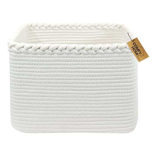 COMFY-HOMI Square Woven Cotton Rope Basket for Organizing, Gift Baskets for Handles, Empty Gift Baskets, Toy Basket for bins|13.5" x 11" x 9.5" home decor for Living Room, Bathroom - color: White, size: 13.5"X11"X9.5"