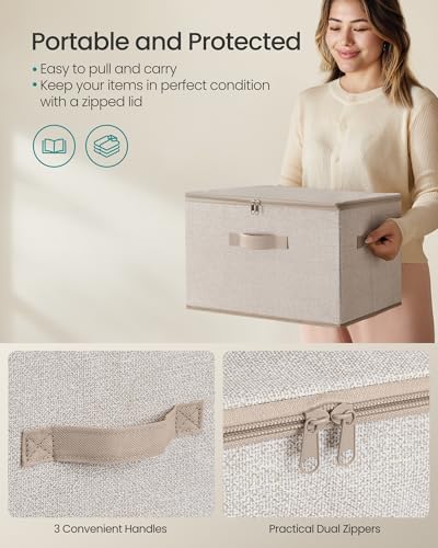 SONGMICS Foldable Storage Organizer Boxes, Set of 3 Storage Basket Bins with Lids, Handles, Clothes Organizer, 15.7 x 11.8 x 9.8 Inches, Non-Woven Fabric, Summer Sand URZB003K01 - color: Summer Sand, size: 3 Pack (15.7''L x 11.8''W x 9.8''H)