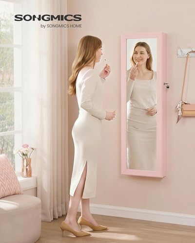 SONGMICS 6 LEDs Mirror Jewelry Cabinet, 47.2-Inch Tall Lockable Wall or Door Mounted Jewelry Armoire Organizer with Mirror, 2 Drawers, 3.9 x 14.6 x 47.2 Inches, Jelly Pink UJJC093SA02S - color: Jelly Pink
