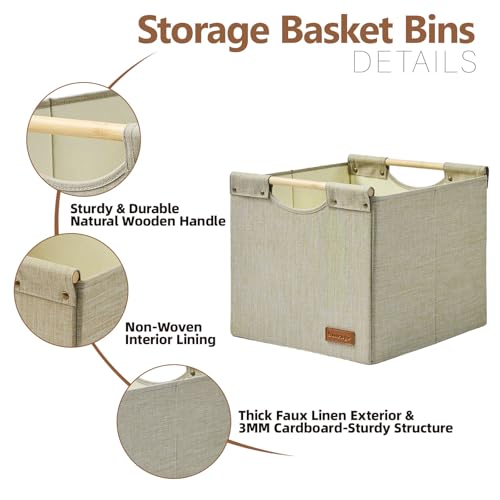KAKAMAY Collapsible Cube Storage Bins 15x13x13 Inches Khaki 2-Pack, Foldable Storage Organizer Wooden Handles Fabric Baskets for Living Room Shelves, Bedroom Nursery Closet Toys, Clothes, Laundry - color: Khaki