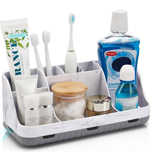 GFWARE Marble Bathroom Countertop Organizer - Detachable 7 Slots Kids Electric Toothbrush and Toothpaste Holde Drainage for Bathroom Accessories Organization Counter Vanity Storage, Grey - color: Marble Grey