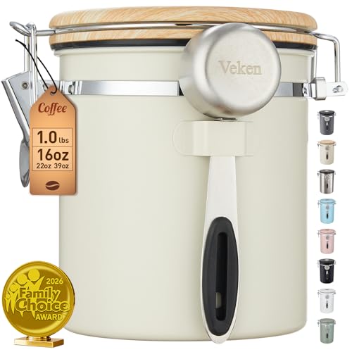 Veken Coffee Canister, Airtight Stainless Steel Kitchen Food Storage Container with Date Tracker and Scoop for Beans, Grounds, Tea, Flour, Cereal, Sugar, Cookie, 16OZ, Cream - color: Cream, size: 16 oz
