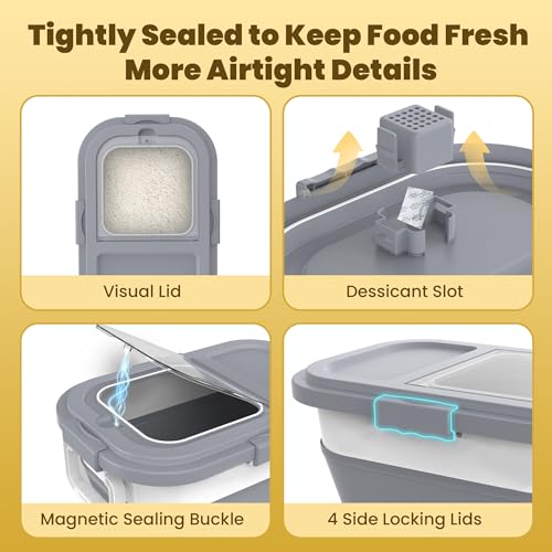HOYTAMDA 25-35Lbs Rice Container,Collapsible Airtight Food Storage Containers with Wheels,Handle,Rice Storage Container with Small Bin and Scoop,Rice Dispenser for Flour Sugar Cereal Grain Dog Cat - color: Grey/25-35lbs