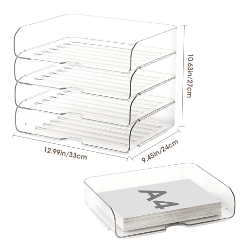 4-Tier Large-Capacity Paper Organizer, Clear Stackable Desk Organizer & Acrylic Paper Tray, Transparent & Easy Access,Desk File Organizer for Home Office & School