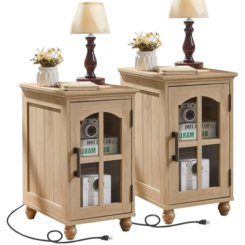 Narrow Side Table Set of 2,Farmhouse Nightstand with Charging Station,End Table with Glass Barn Door Storage, Cabinet Organizer with Adjustable Shelf, Night Stand for Small Spaces Living Room Bedroom - color: Natural Wood, size: Set 2