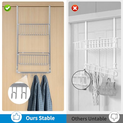 Garvee Over The Door Organizer, 2-Tier Metal Shower Caddy with 6 Hooks, Adjustable Hanging Storage for Bathroom, Bedroom, Pantry & Closet, Space Saving Solution, 11.8"x5.1"x24.2" - color: silver