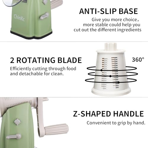 Upgrade Rotary Cheese Grater Shredder with Handle, Strong Suction Base, Multi-purpose Rotary Grater Slicer with 5 Interchangeable Blades for Ice, Vegetables, Fruit, Nuts with Blade Storage Box - color: White+Green