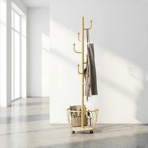 Cactus shaped Freestanding Metal Coat Rack Stand with Basket Modern Organizer for Scarf Jacket Hat Bags Ideal for Home Entryway Bedroom Corner Stable and Moveable (gold) - color: gold