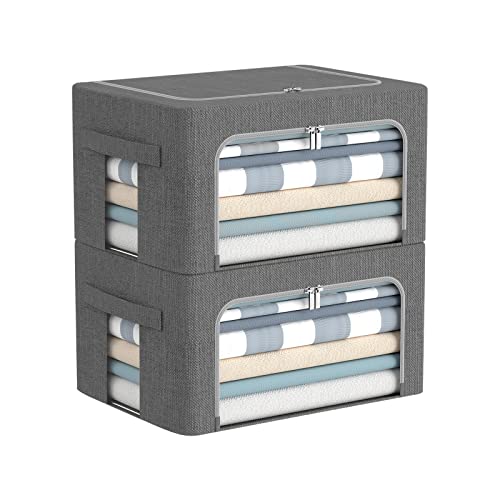 Clothes Storage Bins Box - Linen Fabric Foldable Stackable Container Organizer Set with Clear Window & Carry Handles & Metal Frame - 2Pack Large Capacity for Bedding, Blankets, Books - color: Dark Gray, size: Small-22L