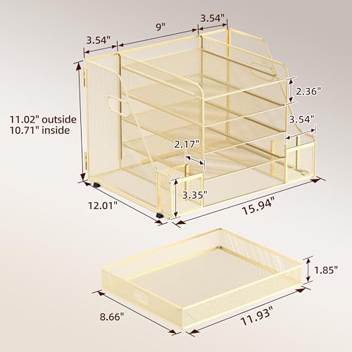 SUPEASY Mesh Desk Organizer with File Holder, 5-Tier Paper Letter Tray Organizer with Magazine Holder, Desktop Organizer and Storage with Drawer for Office Supplies Home or School (Golden) - color: Golden