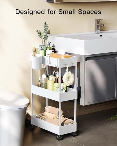 Pipishell Slim Storage Cart with Wheels, Bathroom Cart Organizer Storage Small, Rolling Carts for Bathroom, Laundry Room, Kitchen, Narrow Space, White PIUC04W - color: White, size: 3-Tier