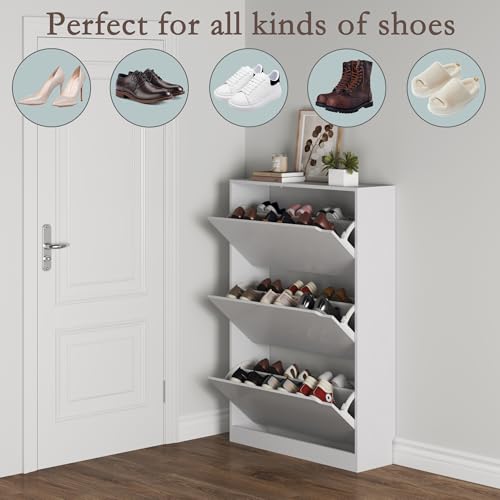 BORNOON Shoe Cabinet with 3 Flip Drawers, Hidden Wood Shoe Cabinet,Freestanding Shoe Storage Cabinet for Entryway Hallway.White. 47.2" H*31.5" W*9.45" D. - color: White, size: 3 Drawers