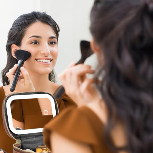 Mini Makeup Bag with Led Mirror, Small Travel Make up Bag 3 Light Modes Adjustable Brightness, for Women Organizer Cosmetic Bag, Portable Travel Train Toiletry Bag, for Pool Parties Work Touch-Ups - color: Brown