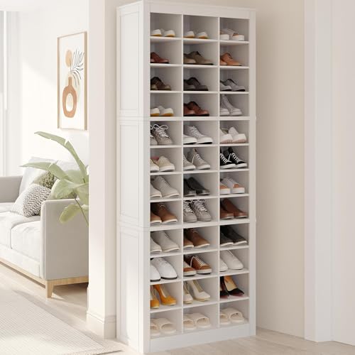 Hzuaneri Shoe Storage Cabinet, 36 Pairs Free Standing Closet Organizer, 9 inch Widened Cell Wood Shoe Organizer, 12 Tiers Vertical Space Saving Shoe Rack for Entryway, Cloakroom, White SR20703X - color: White, size: 36 Pairs