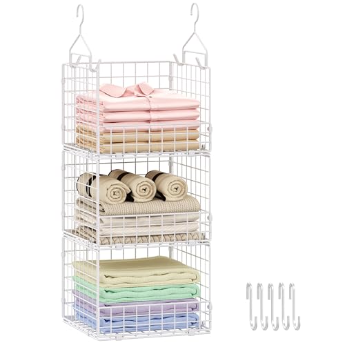 Sonyabecca 3-Tier Hanging Closet Organizer with 5 S Hooks, Closet Shelves for Clothes, Shoes, Handbags, Accessories, Hanging Basket, Closet Storage, Closet System, Closet Organizers and Storage - color: White, size: Large