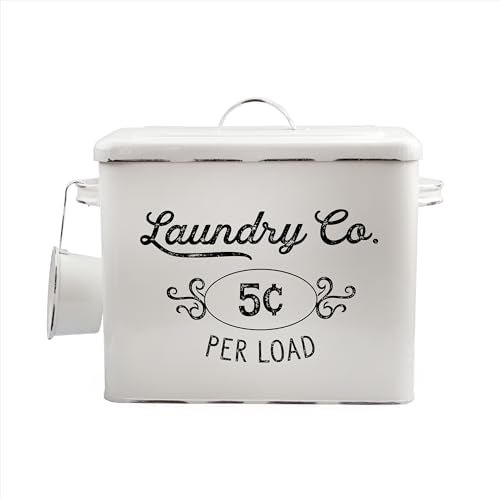 AuldHome Design Farmhouse Laundry Powder Container, White Enamelware Detergent Bin w/Scoop
