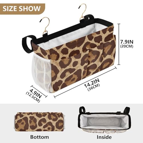 Bedside Caddy Metal Frame Hanging Organizer Bunk Bed Dorm Accessories Hook And Loop Storage Bag Large Pockets Light Leopard Print - color: Light Leopard Print