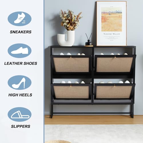 Shoe Cabinet, Shoe Storage Cabinet with 4 Flip Drawers, Freestanding Shoe Organizer Shoe Rack for Entryway, Hallway, Living Room (Black - 4 Tiers) - color: Black - 4 Tiers