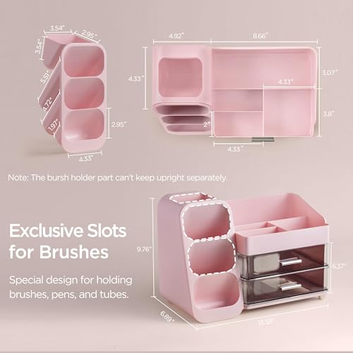 HBlife Makeup Organizer with Brush Holder for Vanity, Large Plastic Bathroom Countertop Organizer Skin Care Storage, Easy to Store Lipsticks, Nail Polishes, Perfumes, Eyeshadow Palettes, Pink - color: Pink, size: Large