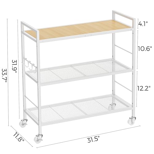 3-Tier Metal Storage Rack with Industrial Wheels,Mesh Shelving Unit with Wooden Table top,Adjustable Shelf,31.5-Inch Width, for Kitchen, Laundry,Pantry,Plant,Oak panel and white frame - color: Oak Panel, size: 3 Tier (31.5"W x 11.8"D)