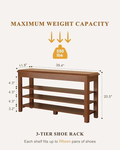 IUNVR Shoe Rack Bench Seat Rubberwood 3-Tier Wooden Storage Bench 550lbs Compact Mid-Century Modern Design for Entryway, Hallway, Closet, Front Door Entrance, Foyer - color: Walnut-3 Tier(wood), size: 39.4"W x 11.8"D x 20.5"H
