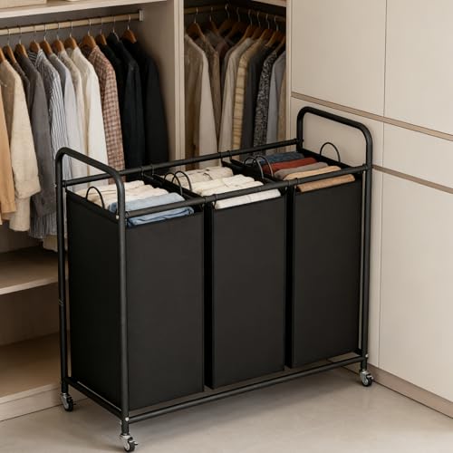 LINZINAR 3-Bag Laundry Basket, Black Laundry Hamper, 35.6 Gal(135 L) Laundry Sorter Cart Laundry Room Organization with Heavy Duty Rolling Lockable Wheels and Removable Bags - size: 3 Bags Black