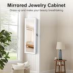 Mirror Jewelry Cabinet, Wall/Door Mounted Jewelry Armoire with Full-Length Mirror, Hanging Jewelry Organizer with LED Interior Lights, White