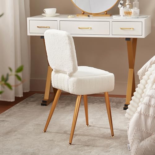 Updated Vanity Chair, Storage Ottoman with Folding Back & Gold-Toned Metal Legs, Ottoman Seat with Teddy Velvet for Dressing Room Living Room Bedroom, 16" x 12.5" Inch - color: White, size: 16" x 12.5"