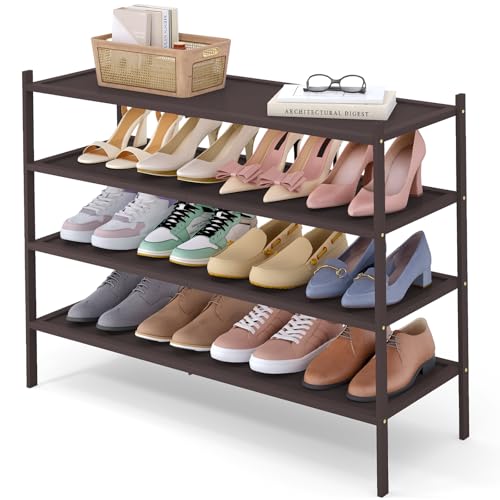 Smiry Bamboo Long Shoe Rack, 4 Tier Shoe Organizer for Entryway & Closet, Stackable Free Standing Storage Shelf for Shoes, Bags & Plants, Brown - color: Brown, size: 4 Tier - Long